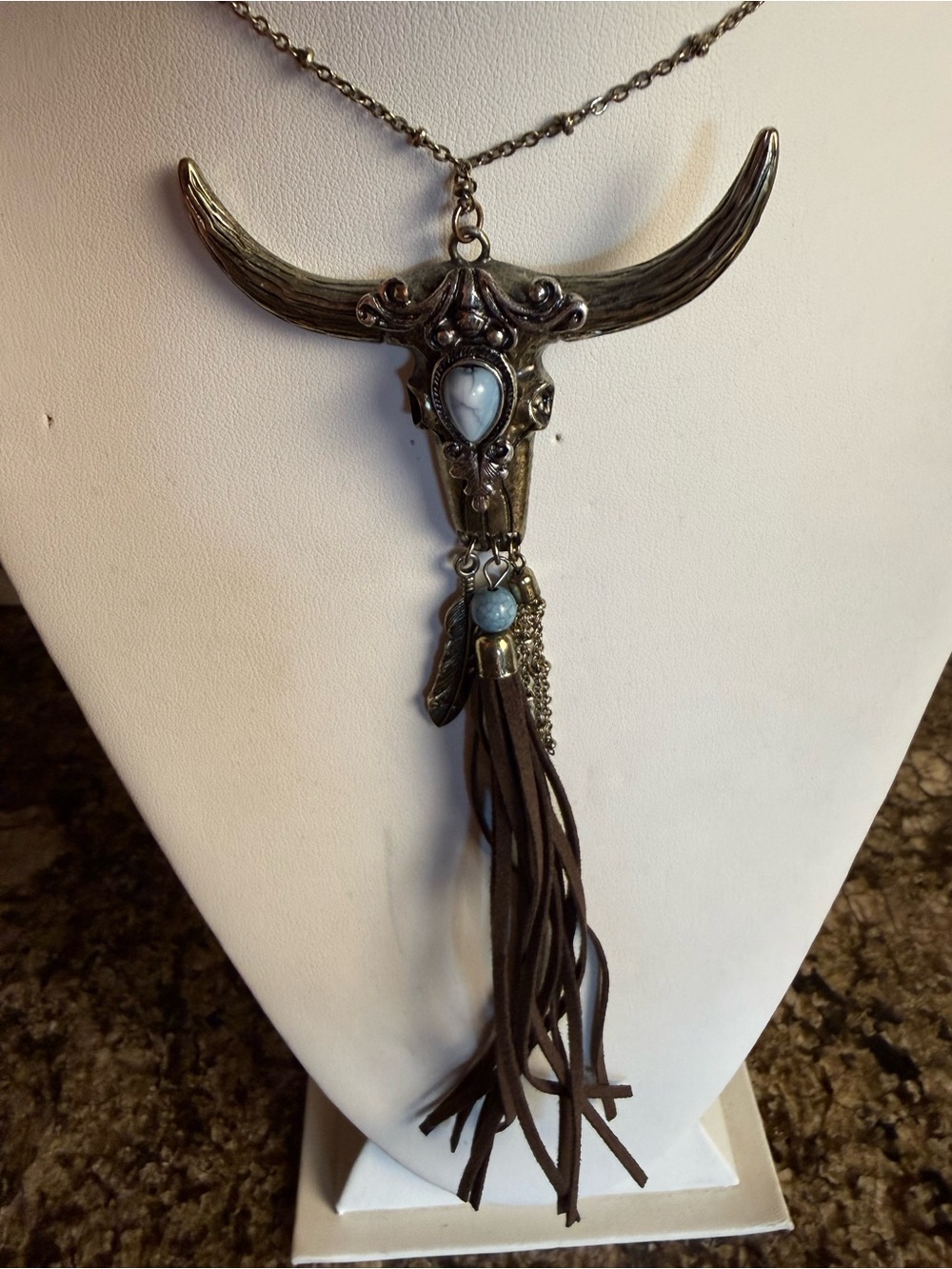 Shyanne Southwestern Steer Skull Charm Pendant Necklace Leather Tassel.